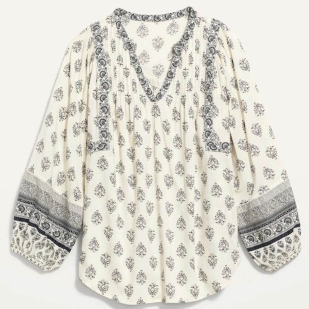 Old Navy Womens White Black Print Mix Peasant Blouse V-Neck Long Sleeve Top S
